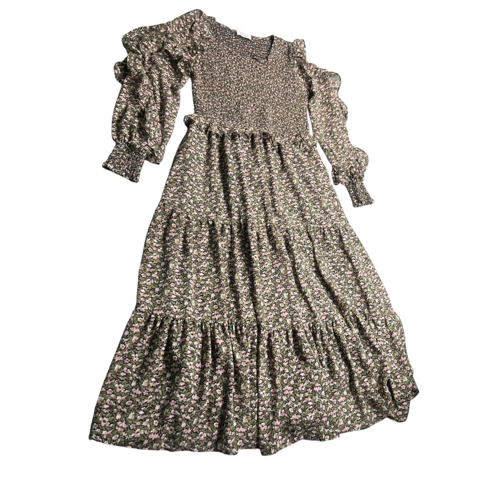 Aura Floral Maxi Dress M Smocked Bodice Ruffle Sleeve Cottagecore Prairie